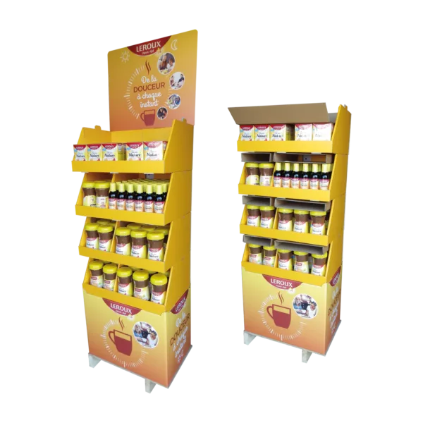 Display type bac empilable mis sur palette pour une présentation en magasin de produits alimentaires réalisé en carton ondulé éco-responsable