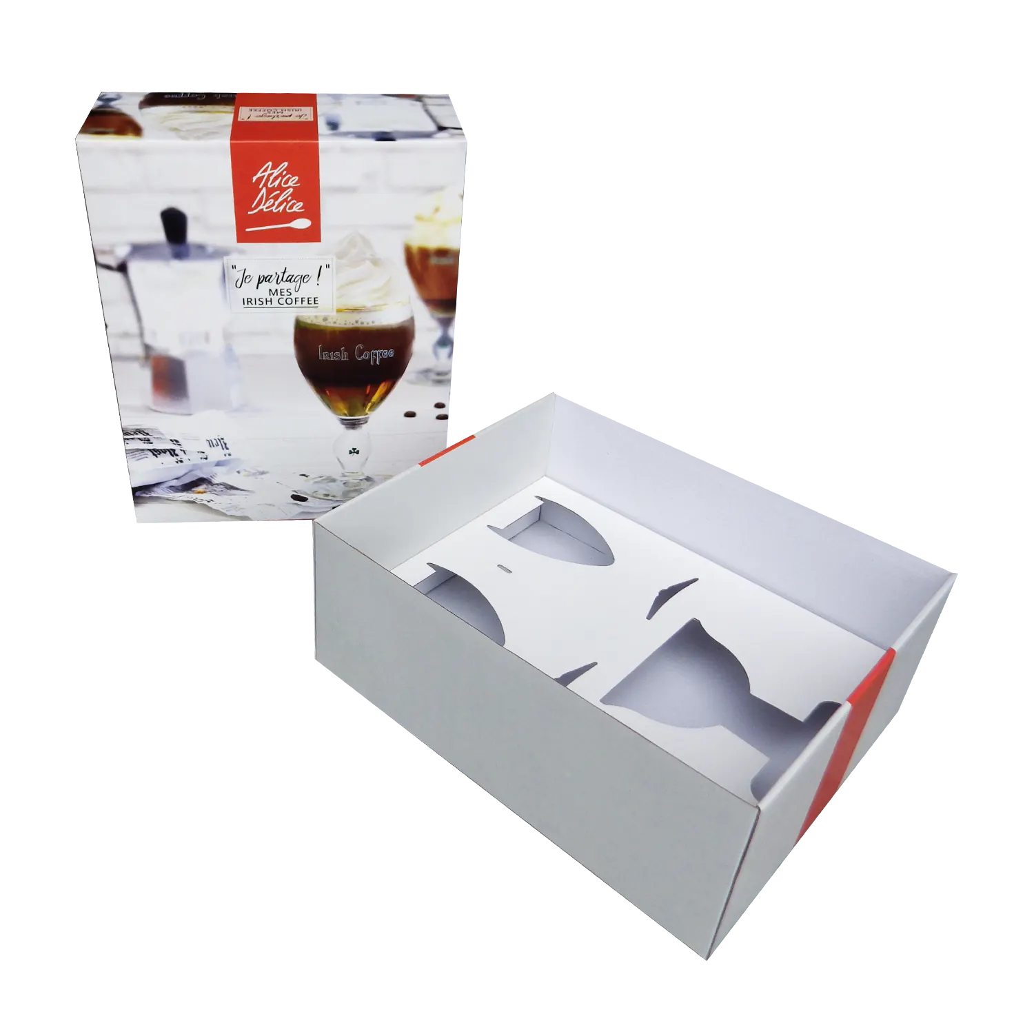 Coffret cadeau avec calages pour verres du type fond et couvercle en impression quadri, en carton ondulé matériau éco-responsable