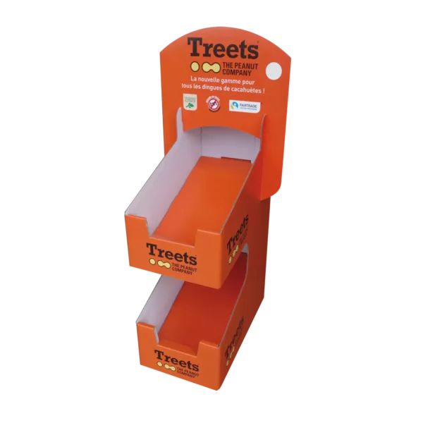 Display de comptoir distributeur avec plateaux inclinés, impression quadri offset, en carton écologique
