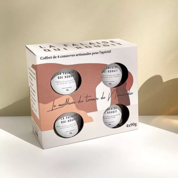 Coffret de présentation de 4 terrines, en carton ondulé découpé sur mesure et avec fenêtres de présentation, en carton recyclable